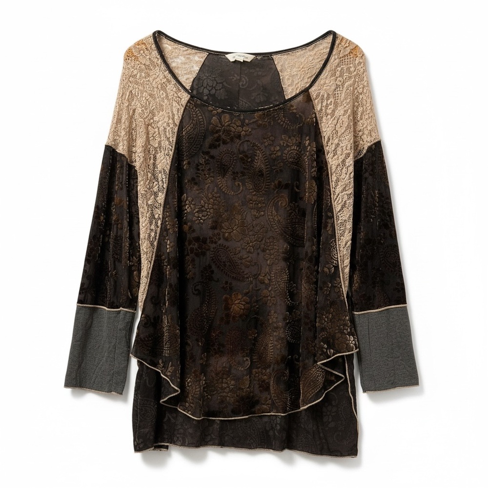 Marigold LA Womens Velvet Burnout Tunic Top Boho Lace Sheer Long Sleeve Large
